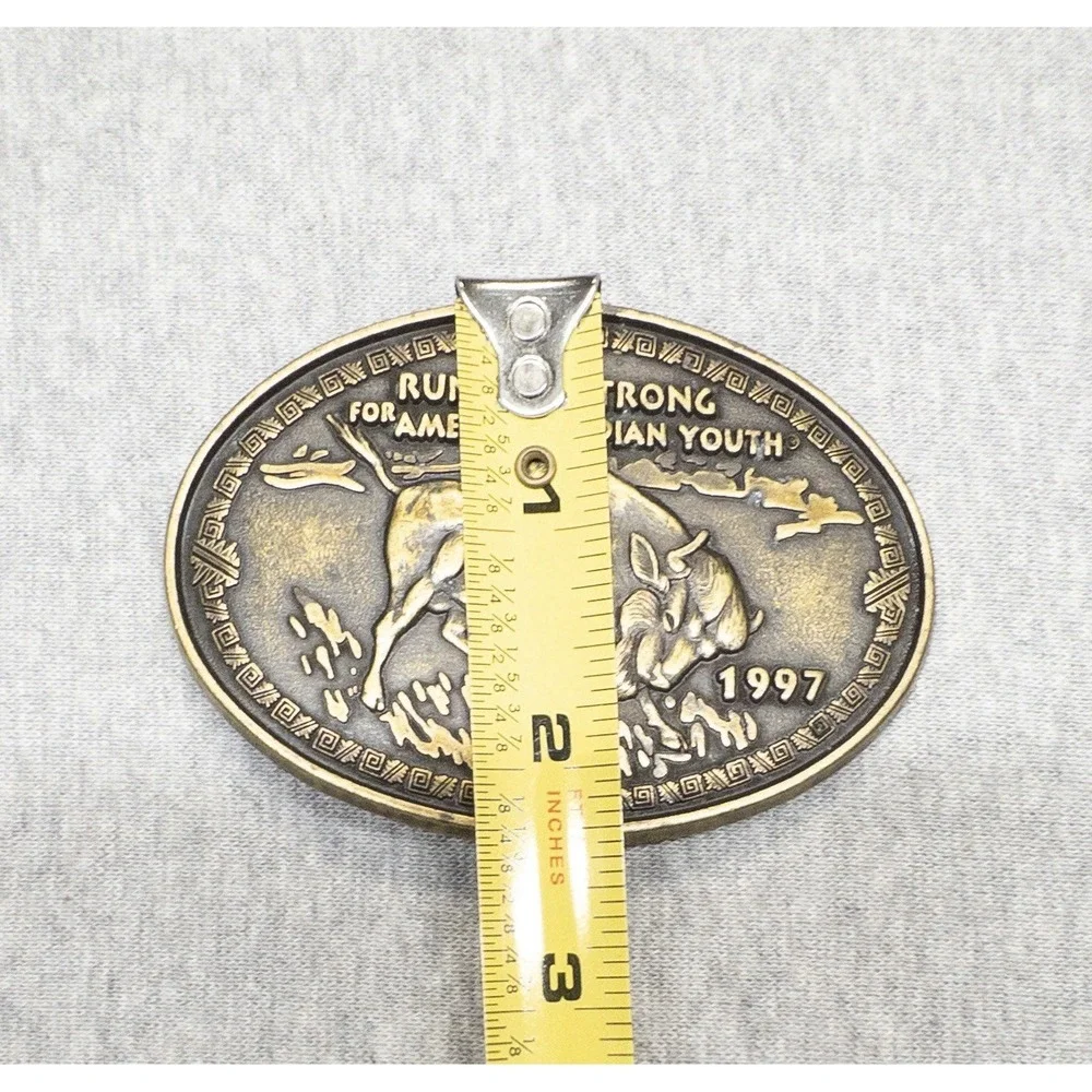 Vtg 1997 Brass Belt Buckle Buffalo Running Strong for‎ American Indian Youth